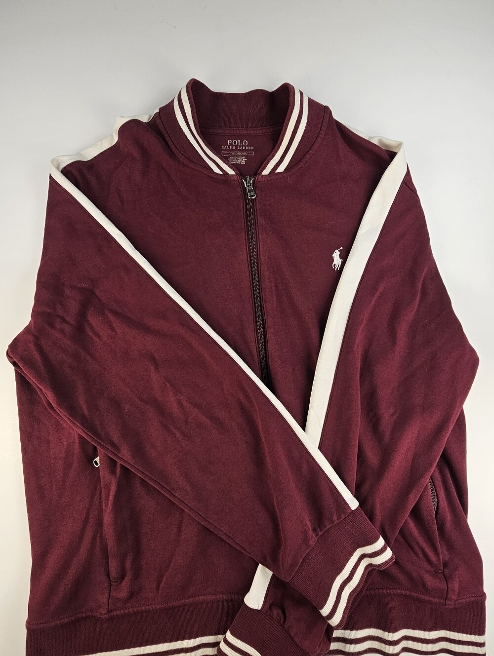 Polo Ralph Lauren Track Jacket Mens L Burgundy White Stripe Full Zip Pony